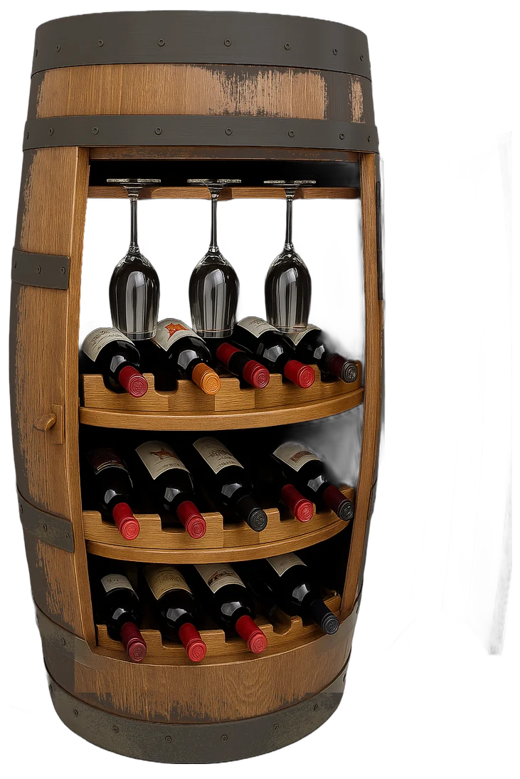 A barrel bar cabinet: three curved shelves of bottles and a rail of hanging wine glasses inside the open cask.