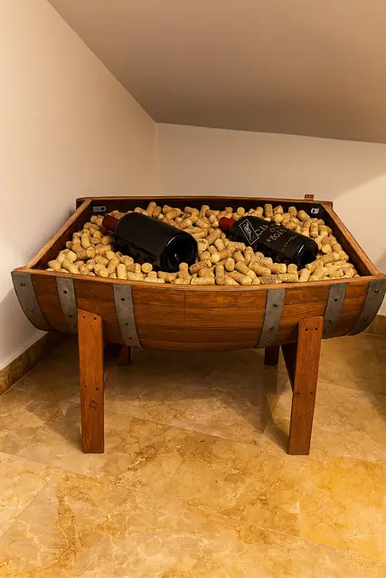 A low table made from half a barrel, its glass top set over a bed of wine corks.